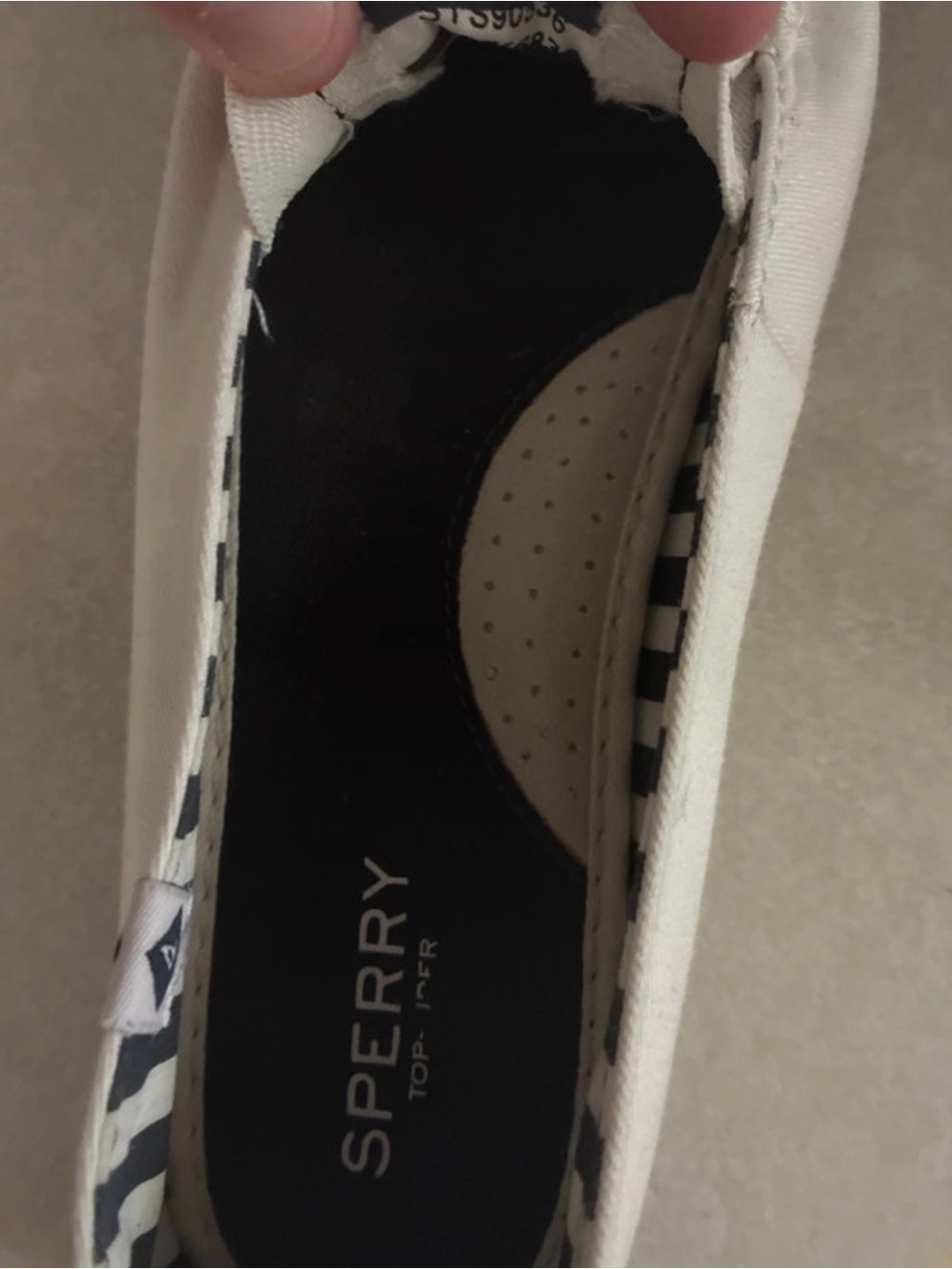 Sperry Women's Cream Canvas Slip-On Loafers with Navy Stripe Lining - Picture 5 of 5